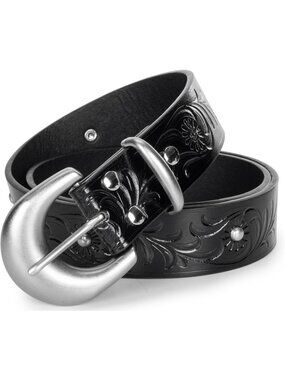 Unisex Black PU Leather Belt Vintage Western Cowboy Waist Belt Carved Buckle